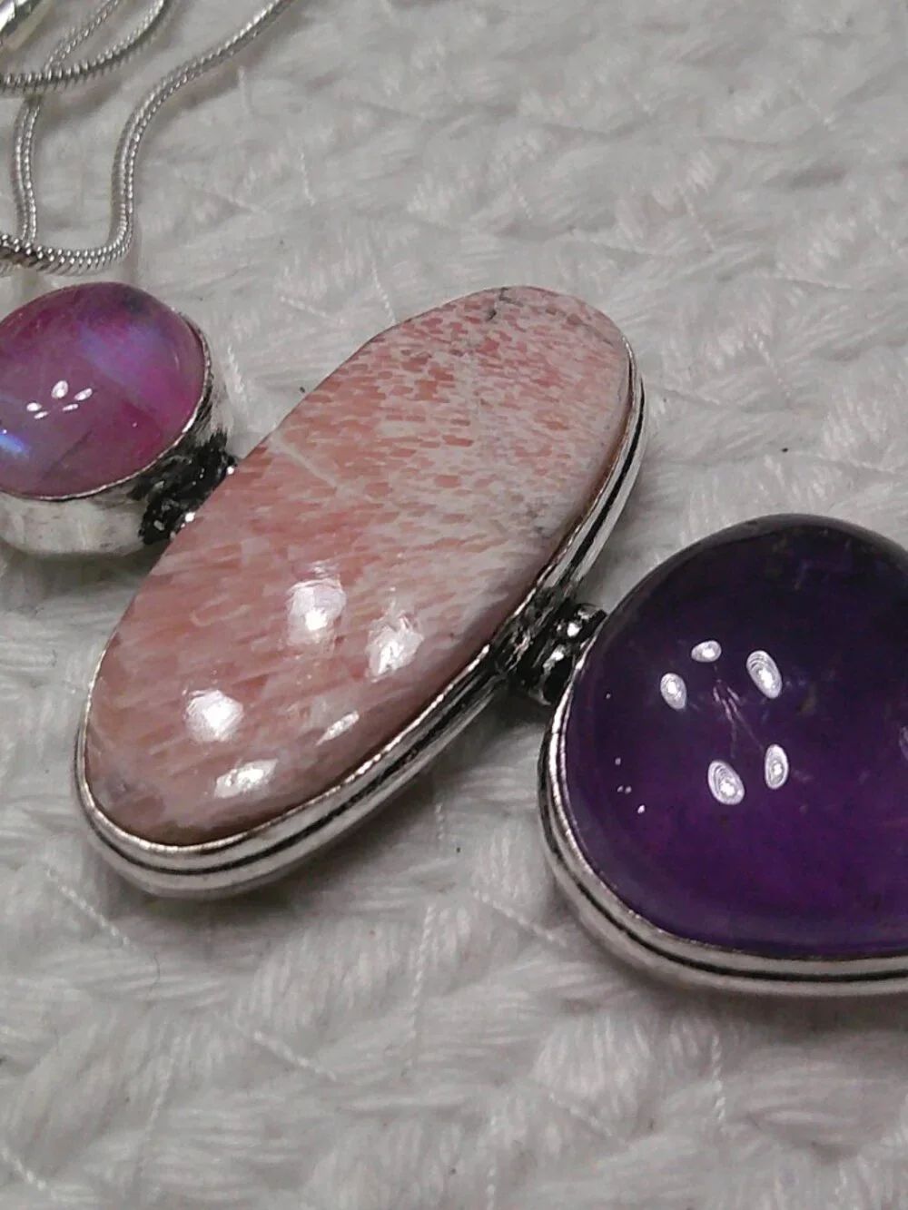 Gorgeous SCOLECITE, AMETHYST & RAINBOW MOONSTONE Handmade Sterling 925 Necklace
